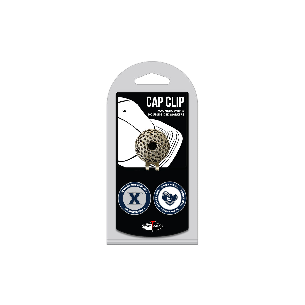 Xavier Musketeers hat clip with two golf ball markers