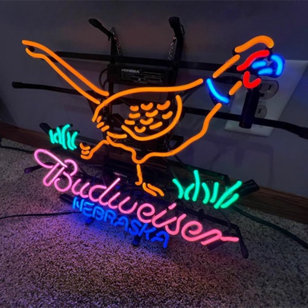 Yellow Pheasant Hunter Budweiser Nebraska Neon Sign Light - Orange - Club Rehab